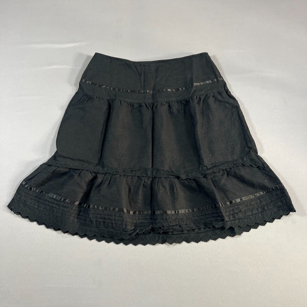 Relativity Tiered Mini Skirt Womens 10 Petite Black Linen Side Zip Scalloped Hem